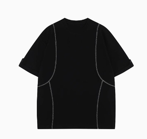 เสื้อยืดโอเวอร์ไซส์สีขาวผ้าฝ้ายแขนสั้นคอกลมแต่งขอบถักแบบเรียบง่ายสไตล์มินิมอลสำหรับผู้ชาย - Product Image 3