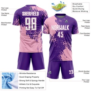 เสื้อฟุตบอลแบบซับลิเมชั่นสั่งทำพิเศษ แขนสั้น คอกลม โพลีเอสเตอร์ 100% แห้งเร็ว สีม่วงชมพู พิมพ์ชื่อทีม เสื้อผ้าสำหรับผู้ใหญ่ - Product Image 3