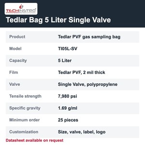 Bolsa de muestreo de gases TECHINSTRO Tedlar de 5 litros con válvula única de película PVF, a prueba de fugas, para muestreo de gases de combustión y de suelo (VOC) - Product Image 6