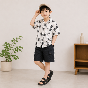 Chemise à manches courtes pour garçons coréens en tissu tissé lin et rayonne, vêtements pour enfants en gros - Product Image 3