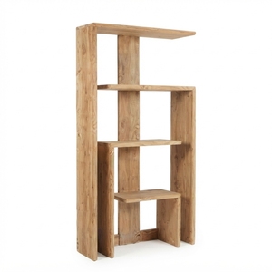 Étagère à livres géométrique moderne en bois massif, présentoir asymétrique à niveaux élégant pour salon, design artistique, ensemble d'art pur - Product Image 1