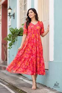 Women Wear Black Red Floral Midi Dress Loose Fit Casual Summer Beach Style Polyester Kurti India Pakistan Western Wear <b>Kurtis</b> - Product Image 4