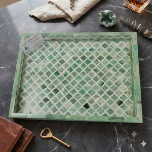Bandeja de Servir Rectangular de Resina con Incrustaciones de Hueso Verde, Moderna, Multifuncional, Decorativa, Hecha a Mano para Decoración del Hogar y Cocina - Product Image 1