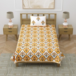 Heritage Single Cotton Bedsheet Yellow Floral Hand Block Print with <b>Pillow</b> Cover for Home Hotel Bedding - Product Image 2