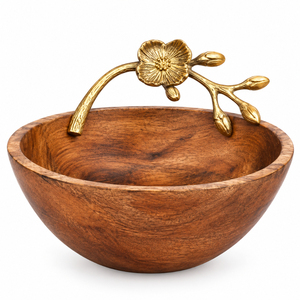 Bol de service en bois avec poignée florale en laiton doré Orchidée, centre de table élégant, bols décoratifs pour salades et fruits pour hôtels et maisons - Product Image 1