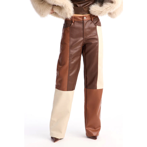 Pantalon femme en cuir PU marron tendance streetwear, taille haute, coupe droite, écologique, automne-hiver - Product Image 1