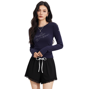 Custom Logo Women High Breathable Ribbed Knit <b>Lace</b> Trim <b>Elastic</b> Shorts Lightweight Comfortable Home Wear Factory Vietnam - Product Image 1