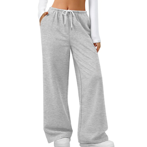 <b>Women's</b> Gray Knitted Wide Leg Cargo Pants High Waist Drawstring Regular Fit Full Length Solid Sporty Breathable Pockets Summer - Product Image 1