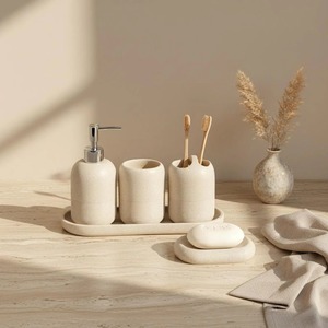 Ceramic <b>Toothbrush</b> <b>Holder</b> Set Minimalist Round Design Eco-Friendly Bathroom Accessory Two-Piece Tray Included - Product Image 5