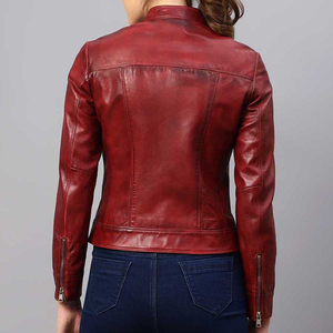 Women's <b>Red</b> Genuine Leather Moto Jacket Full Sleeve Stand Collar Zipper Closure Autumn Style - Product Image 4