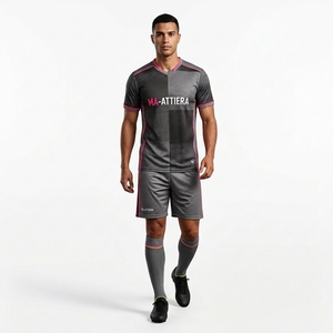 Custom Dark Gray Pink Trim Soccer Uniform Set <b>Short</b> Sleeve <b>Football</b> Jersey <b>Shorts</b> <b>Socks</b> - Product Image 1