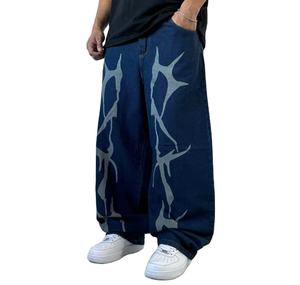 <b>Men's</b> Denim Harem Pants Elastic Waist Discharge Printed Street Style Breathable Midweight Cotton Canvas Blue Patterned Spring - Product Image 2