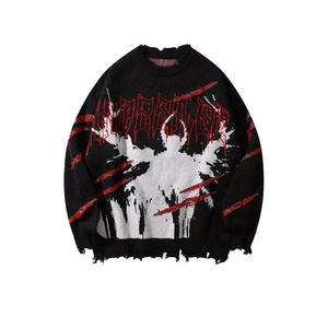 Pull en tricot noir pour homme avec imprimé lettres rouges et ourlet effiloché, manches longues, vêtement d'hiver, style urbain américain, USA - Product Image 1