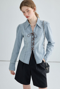 Jean en denim décontracté bleu en coton respirant à manches longues coupe droite pour femme, style vintage, idéal été et printemps, avec boutons – Meilleures ventes - Product Image 3
