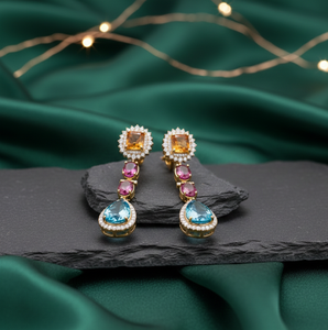 Boucles d'oreilles pendantes en argent 925 plaqué or 18 carats avec pierres multicolores, ovales jaunes et bleues en forme de poire, cadeau pour elle - Product Image 3