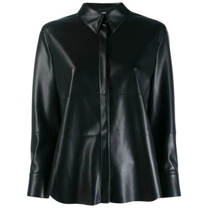 Customized Design <b>Black</b> <b>Short</b> <b>Sleeve</b> Leather <b>Shirt</b> For <b>Men</b> And Women Turn-down Collar Formal Solid Satin Fabric Autumn Wear - Product Image 2