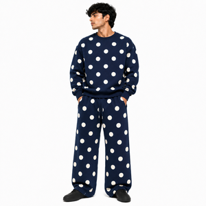 Ensemble de survêtement 2 pièces pour homme à pois, bleu marine, sweat-shirt à col rond, pantalon ample en molleton, décontracté, streetwear, logo personnalisé, vente en gros - Product Image 1