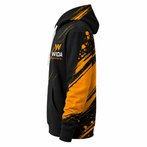 Sweat à capuche personnalisé en polaire polyester noir et orange avec impression par sublimation à effet brossé - Product Image 4