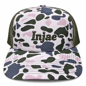 Wholesale Custom 3D Embroidered Foam Trucker Hat Pink <b>Camo</b> Olive Green Mesh 5 Panel Mid Profile Flat Brim High Quality <b>Cap</b> - Product Image 1