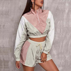 Cropped Racer Jacket Set With Full Sleeves Contrast Color Breathable Polyester Tracksuit For Women All Seasons Casual Style - Product Image 5