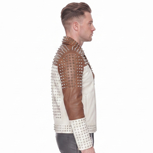 Blouson de motard en cuir véritable pour homme, clouté, zippé, col rabattable, imperméable avec logo frontal - Product Image 3