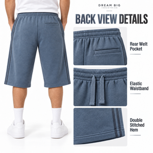 Shorts 3/4 en molleton 100 % coton pour homme, bleu, taille élastique avec cordon de serrage, poches latérales, poche arrière, coupe ample, vente en gros - Product Image 5