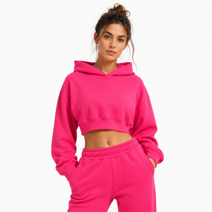 Women Hooded Printed 100% Cotton <b>Pink</b> Cropped Long Sleeve Solid Color Knitted Quick Dry Winter Casual <b>Sweatshirt</b> - Product Image 1