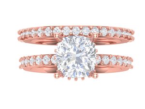 Anillo de compromiso de oro rosa con diamante de talla redonda, doble banda, micro pavé, para mujer - Product Image 1