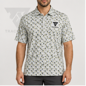 Camiseta Polo Trackstar para Hombre, Blanca con Estampado Geométrico Cuadrado Gris Oliva, Manga Corta, Cuello con Botones, Camisa de Golf, Logotipo Personalizado - Product Image 1