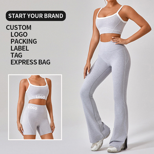 Ensemble de yoga personnalisé pour femme avec logo – Pantalon évasé taille haute et brassière de sport – 2 pièces – Vêtements de sport décontractés et lavés pour l'entraînement et le fitness - Product Image 3