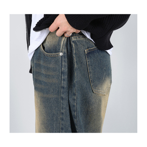 Jean en denim délavé coupe droite pour homme, taille haute, coupe ample, décontracté, en coton mi-lourd, style automne - Product Image 6