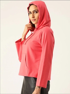 เสื้อฮู้ดสีแดงสำหรับผู้หญิง ทรงปกติ สีพื้น ผ้าฝ้ายถัก 100% สไตล์ฤดูใบไม้ร่วง ระบายอากาศได้ดี เหมาะสำหรับใส่ลำลอง - Product Image 3