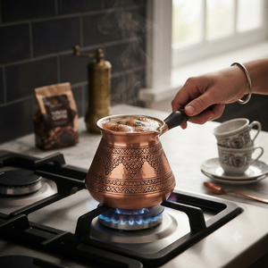 Cafetera Turca Otomana de Cobre Grabado, Estilo Vintage, Cezve, Ibrik Árabe, Briki Griega, Calentador de Leche para Estufa, Mango Largo de Madera, Personalizado - Product Image 3