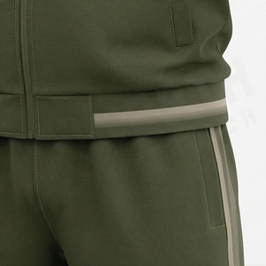 Survêtement vert olive pour homme, fermeture éclair intégrale, col montant, vêtements de sport décontractés avec poches latérales, matière respirante en polyester et coton - Product Image 5