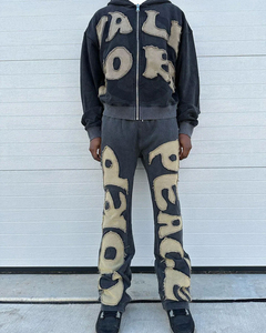 Ensembles de survêtements tendance 2024 pour hommes et femmes, style streetwear hiver, personnalisés, unis, avec broderies et patchwork effet usé, 100% coton - Product Image 1