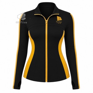 NCBW Women's <b>Black</b> Workout <b>Set</b> With Golden Contrast Side Panels Stand Collar Full Zip Jacket High Waist Leggings Activewear <b>Set</b> - Product Image 2
