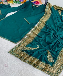 Salwar Kameez en soie vert émeraude avec dupatta, style traditionnel ethnique indien pakistanais, longueur au sol, pour femme, idéal pour les fêtes, séchage rapide MBL- - Product Image 4