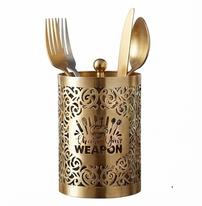 Gold 3 Compartment Cutlery <b>Holder</b> Hollow Floral Pattern Utensil Organizer Flatware Caddy for Kitchen Table - Product Image 2