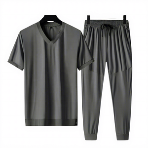 Men's Summer Sports <b>Suit</b> Two-Piece Set Quick-Drying Anti-Bacterial Spandex/Cotton Solid <b>Short</b> Sleeve V-neck Zipper Fly Regular - Product Image 4