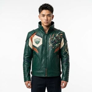 Blouson en cuir vert pour homme, style motard, avec blocs de couleur, patch brodé, col montant et fermeture éclair - Product Image 1