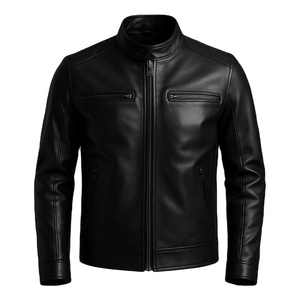 Men's Black Genuine Leather Jacket Stand Collar Zipper Closure Regular Sleeve Solid Color Autumn Wear - Product Image 3