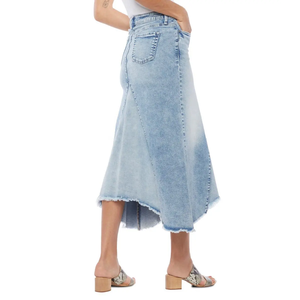 Jupe longue en jean bleu clair délavé à fente avant, taille haute, ourlet effiloché, en coton délavé, style décontracté, qualité supérieure - Product Image 4