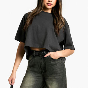 Cheap Price Women's Black Oversized <b>Crop</b> <b>Top</b> Short Sleeve Drop Shoulder Loose Fit O-Neck Jersey T-Shirt Solid Color All Seasons - Product Image 4
