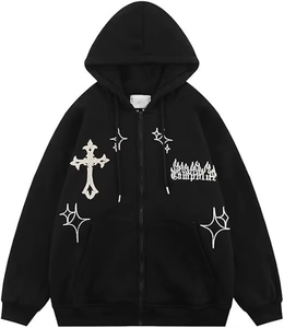 <b>Gothic</b> Zip-Up Front <b>Hoodie</b> Men Oversized 100% Cotton DIY Embroidered Cross Design Breathable Casual Streetwear Winter Sweatshirt - Product Image 5
