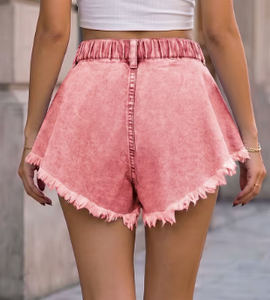 Shorts de mezclilla rosa de cintura alta para mujer, estilo vintage, lavado descolorido, con dobladillo deshilachado - Product Image 2