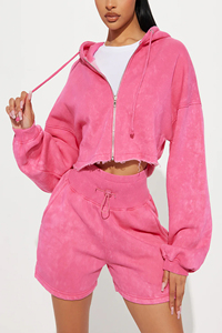 Pink Winter Printed Rhinestone Acid Wash Sunfade Breathable Women's Hoodie Shorts Set 100% Cotton <b>Distressed</b> Ripped Croptop - Product Image 3