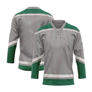 Maillot de hockey sur glace pour homme, col en V, vert et gris rayé, polyester, évacuation de l'humidité, coupe régulière, manches trois quarts, toutes saisons - Product Image 1
