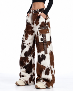 Brown <b>White</b> Cow Print Leather Straight Wide Leg Pants <b>Men</b> Winter Street Style <b>Cargo</b> <b>Trousers</b> - Product Image 2