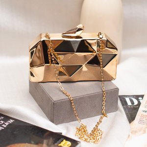 Metallic <b>Gold</b> Hexagon Metal Clutch Stylish Natural Wood <b>Handbag</b> <b>for</b> Women Festive and <b>Wedding</b> Use - Product Image 1