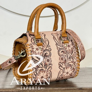 New Western Fashionable Handcrafted Genuine Cow Leather Speedy Bag Floral Pattern Shoulder Weekender Cowgirl Satchel Duffel Bag - Product Image 1